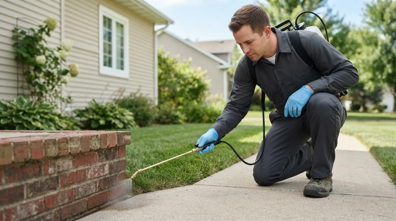 Pest control technician treating a home near Woodbridge, CT